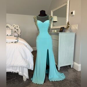 Turquoise Blue Evening Gown with Embellishments Small
